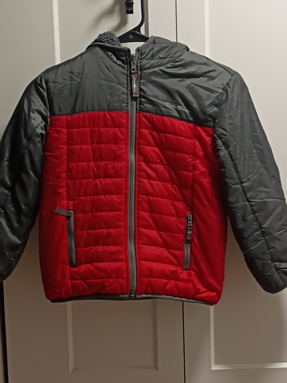 Kids Two-Tone Red and Gray Quilted Jacket with Hood